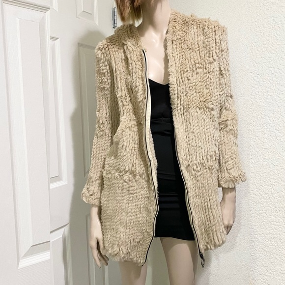 ADRIENNE LANDAU Real Rabbit Fur Beige Mid-length Full Zip Hooded Coat Size S - Picture 2 of 16